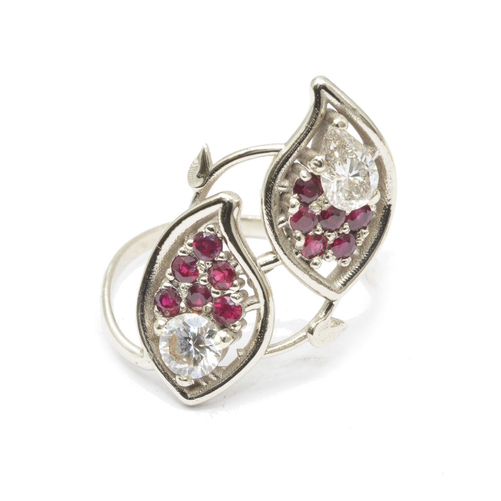 engagement ring leaves ruby diamonds