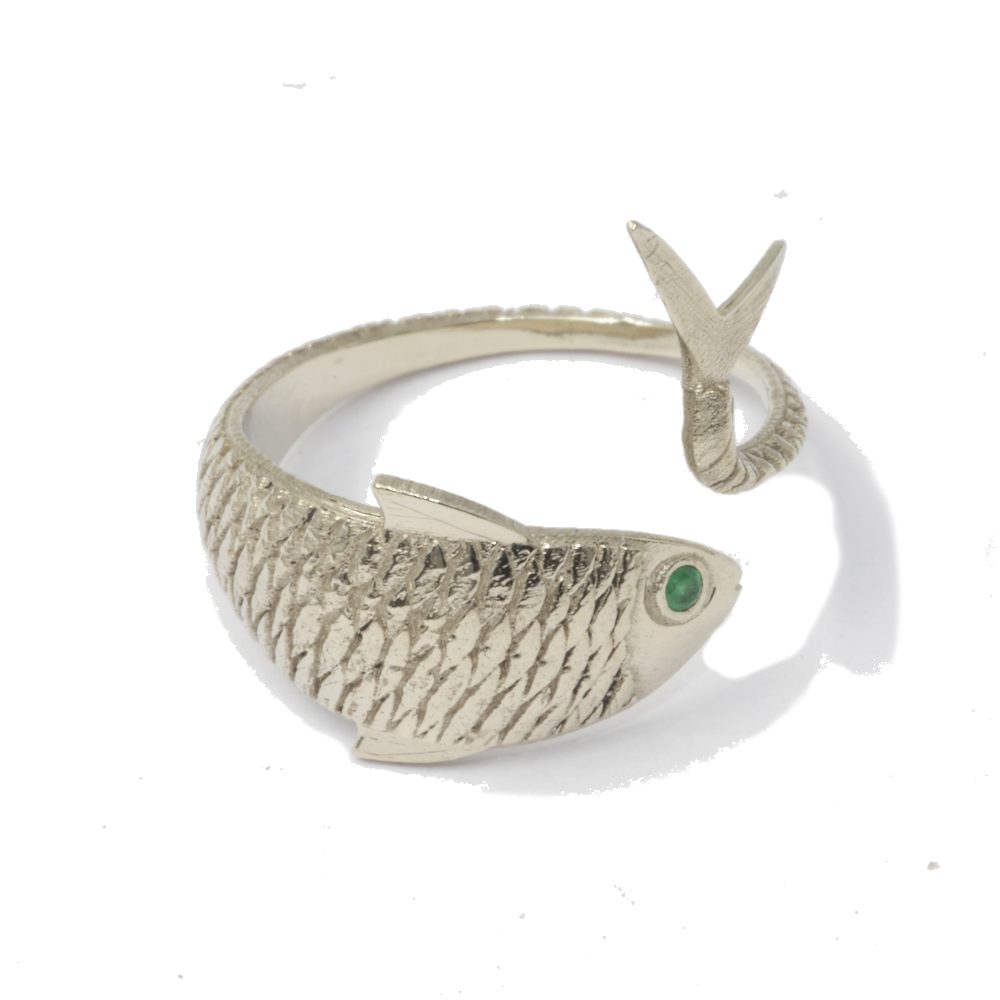 fish ring 14K white gold - emerald