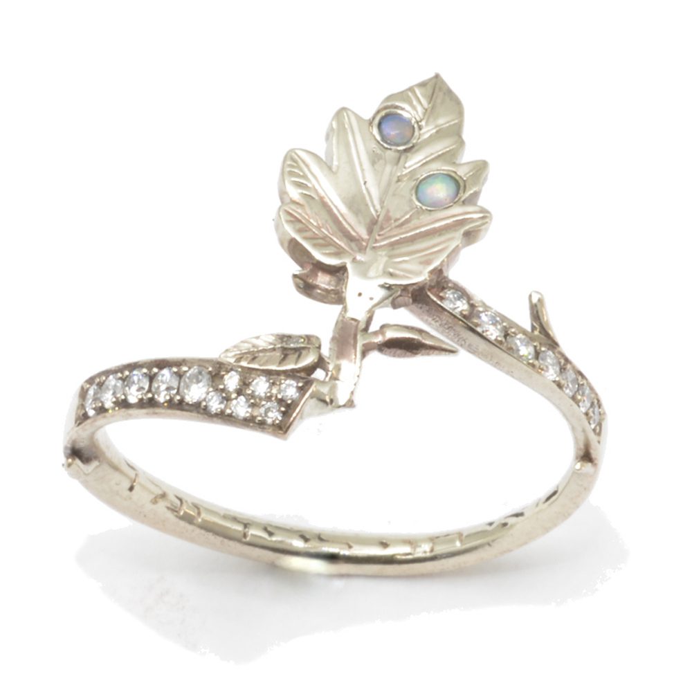 leaf white gold ring opal diamond closer